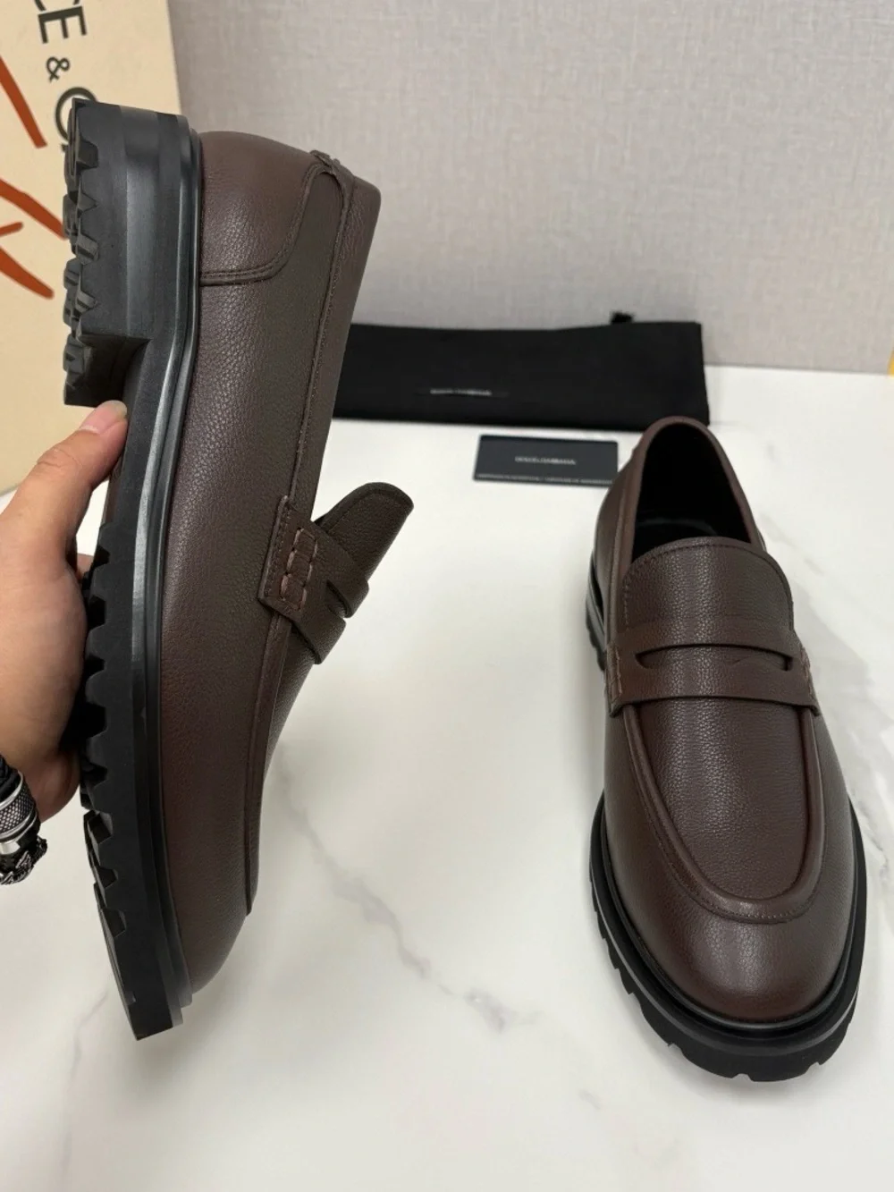 Dolce & Gabbana Men’s Brown Pebbled Leather Penny Loafers